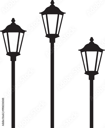 Black silhouette of three street lamps on white background lamp posts urban lighting