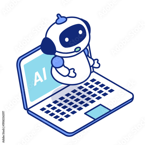AI人工知能ロボットのアイソメトリックイラスト。ノートパソコンでAIを使ってチャットをしているイメージ。