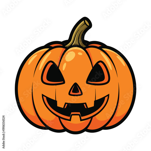 A cartoonish orange pumpkin with a carved face