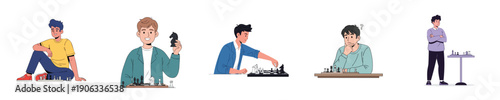 Chess Strategy Players Thinking Game Brain Training Flat Design Vector Character Set