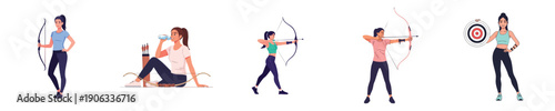Archery Lifestyle Women Training Practice Outdoor Activity Poses Flat Design Vector Collection