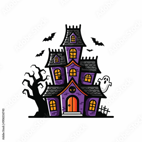 A cartoonish purple haunted house with bats, tree, and ghost
