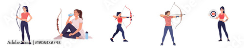 Archery Women Athletes Bow Shooting Practice Lifestyle Training Flat Design Vector Set