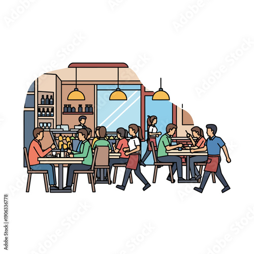 A lively restaurant scene with patrons and staff