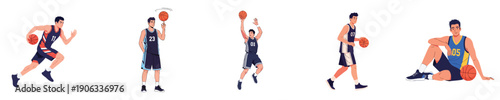Basketball Player Collection Young Male Athlete Action Training Flat Design Vector Set