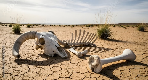 Animal remains lie scattered on dry cracked earth in a desolate landscape under a vast open sky