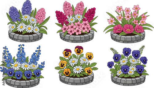 Colorful spring flowers collection with pansies daisies and hyacinths in stone garden pots vector illustration set isolated on white background for landscape design set.