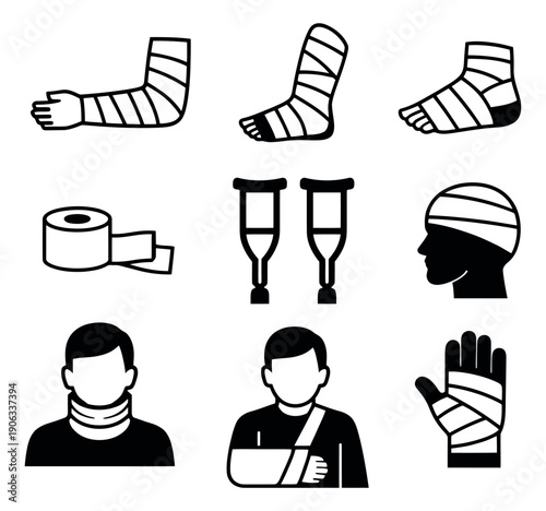 Simple graphic medical injury icons set featuring various bandaged body parts, crutches, a neck brace and medical tape for healthcare and first aid