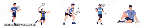 Badminton Player Collection Active Men Playing Shuttlecock Sport Flat Design Vector