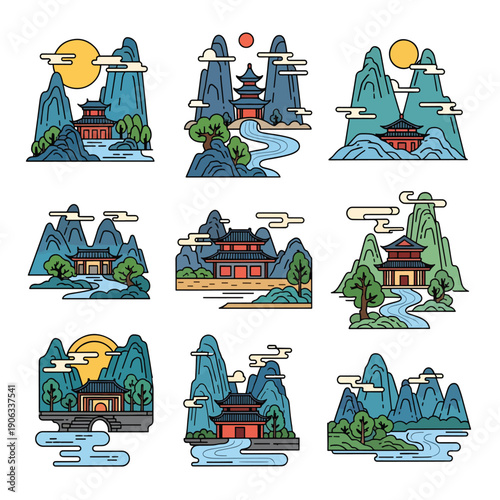 A serene landscape with pagodas and mountains