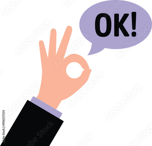 Hand gesture "OK" with speech bubble saying "OK!" in a flat