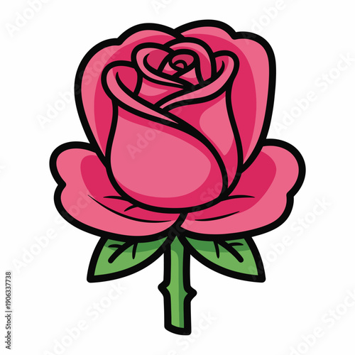 A pink rose with green leaves on a white background
