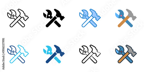 Tools icons set multiple style collection. Editable stroke 
