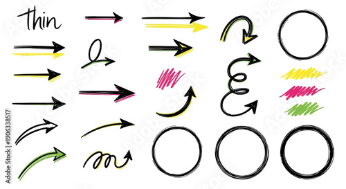 Collection of colorful hand drawn arrows lines and circular shapes