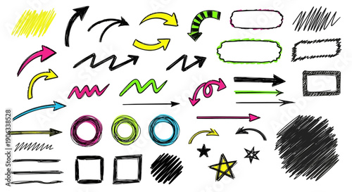 Collection of hand drawn arrows shapes and doodle elements on white