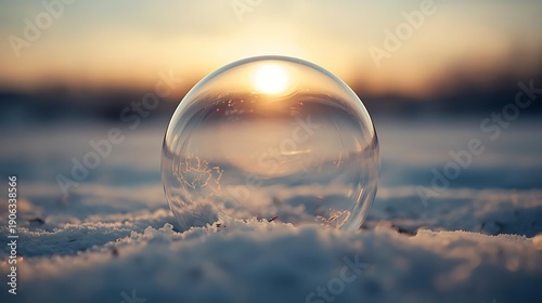 A delicate bubble floats in the air, reflecting the colors of a beautiful sunset over a snowy landscape.
