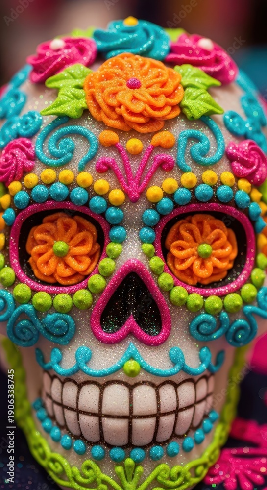 Fototapeta premium Vividly decorated confectionary skull captures celebratory cultural artistry