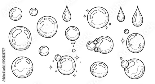 A collection of hand drawn soap bubbles and sparkling stars