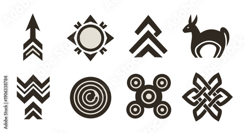 Collection of stylized black tribal symbols and animal illustration