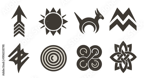 Collection of stylized dark grey aboriginal inspired symbols on a beige background