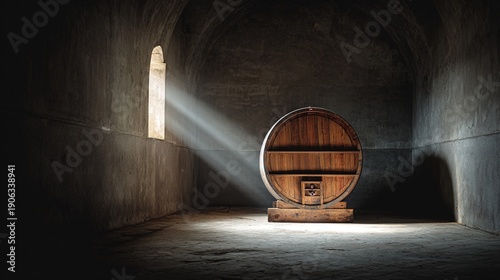 tun. A colossal wooden wine tun stands alone in an empty stone cellar with dramatic side lighting. bar promotions, beverage menus, designed for food & beverage menus and cafe branding.