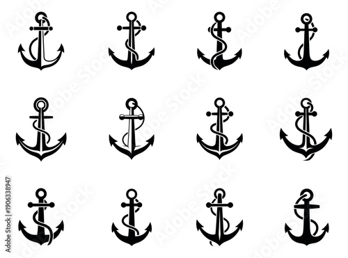 Graphic anchor symbols set featuring different designs with ropes for nautical and marine themed designs