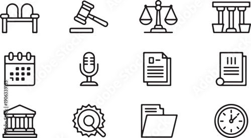 Legal Hearing and Courtroom Session Icons Vector