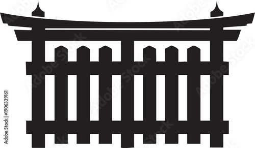 Black silhouette of a Japanese torii gate with a fence, representing a sacred entrance or landmark
