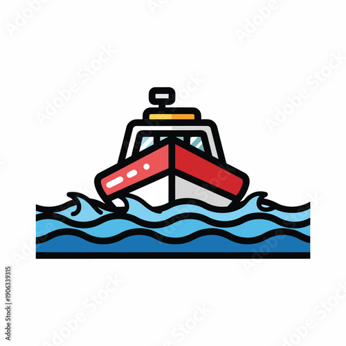 A graphic illustration of a red and white boat on wavy blue water