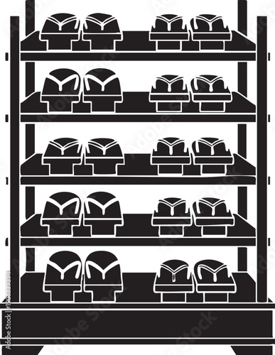 Black silhouette of a retail shelf displaying pairs of flip-flops, suggesting footwear or beachwear