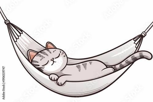 A contented gray cat relaxes peacefully in a white hammock
