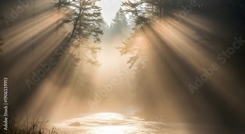 Misty forest landscape with sunbeams shining through trees over a serene lake at dawn from a low viewpoint