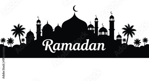 Ramadan mosque silhouette with crescent moon and palm trees on white background