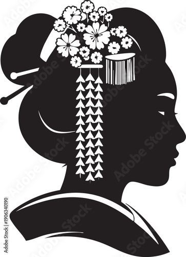 Silhouette profile of a Japanese geisha with elaborate floral hairstyle