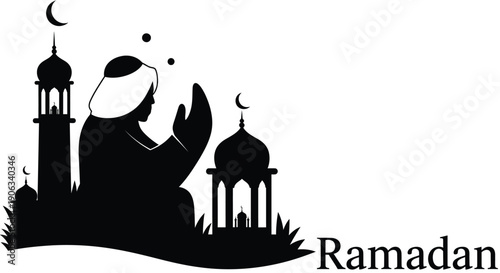 Man Praying during Ramadan with Mosque Silhouette and Crescent Moon