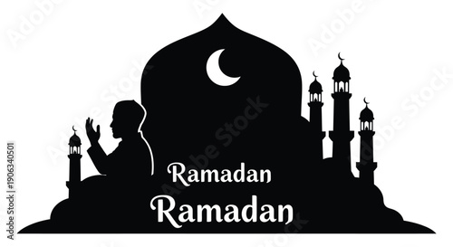 Ramadan Silhouette with Mosque and Crescent Moon