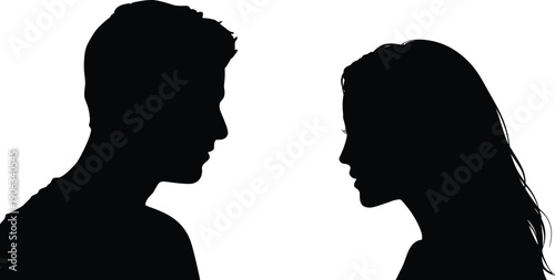 Couple face silhouette illustration, man woman profile conversation human interaction relationship concept isolated black people vector communication design art