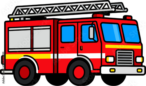 Cartoon Red Fire Truck with Ladder, Emergency Rescue Vehicle Illustration Isolated on White Background