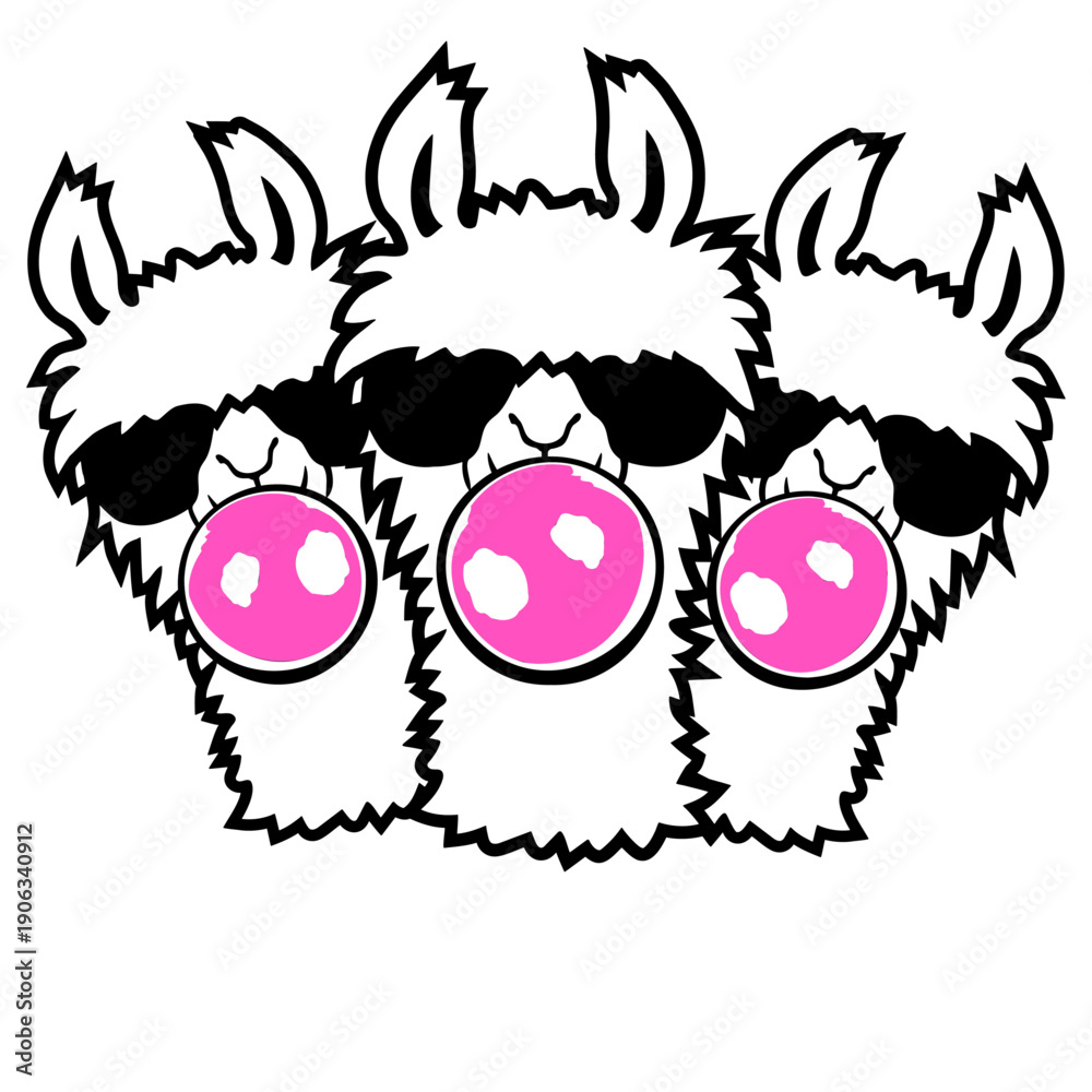 Fototapeta premium 3 Team Friends Crew Llama Bubblegum Bubble Chewing Cool Sunglasses Alpaca White Fur Funny