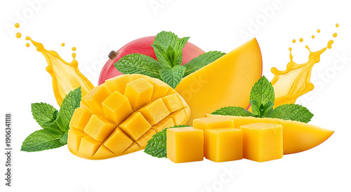 Mango fruit cut into pieces with mint leaves and juice splashes  fresh and healthy snack transparent background