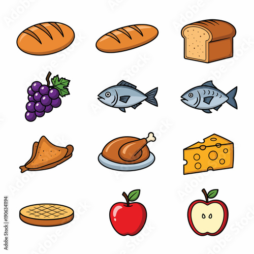 A set of colorful cartoon food icons on white