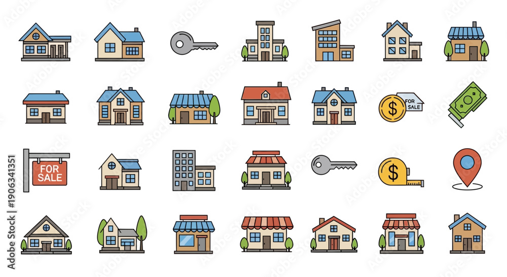 Obraz premium Real Estate Icons: Houses, Keys, Money, For Sale Sign, Location Pin