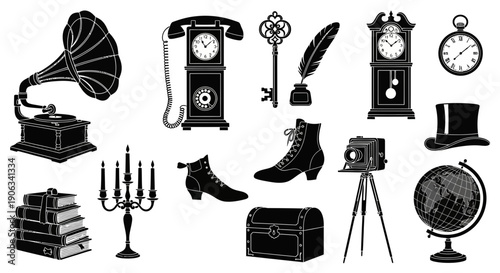 Vintage Objects Collection: Gramophone, Clock, Camera, Globe, Books