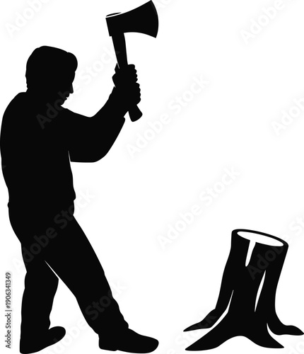 Lumberjack axe silhouette illustration, woodcutter chopping tree log outdoor forestry worker labor activity isolated vector industry cutting design