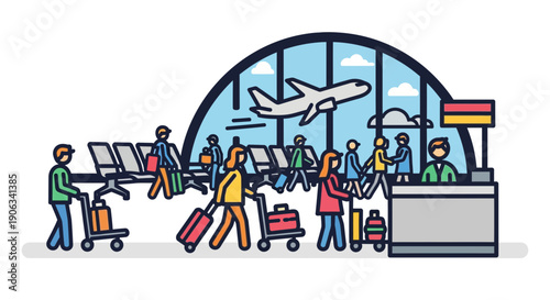 Airport Departure Lounge with Travelers and Airplane