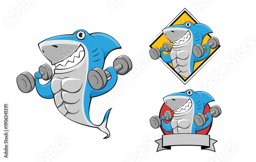smile shark exercise bodybuilding cartoon illustration fitness mascot