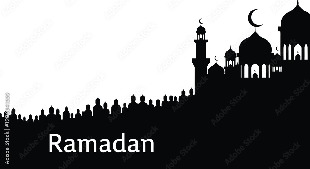 Fototapeta premium Ramadan Silhouette of Mosque with Crescent Moon and Cityscape at Night