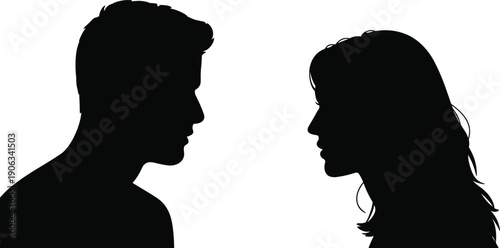 Man woman face silhouette illustration, couple profile conversation human interaction concept isolated black people vector relationship communication design art