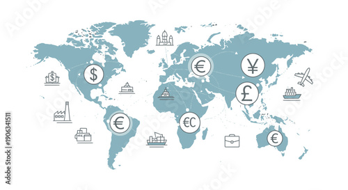 Global Business and Finance: World Map with Currency Symbols