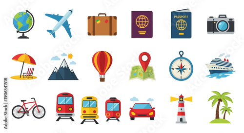 Travel Icons Collection: Airplane, Suitcase, Passport, Camera, Map, Cruise Ship
